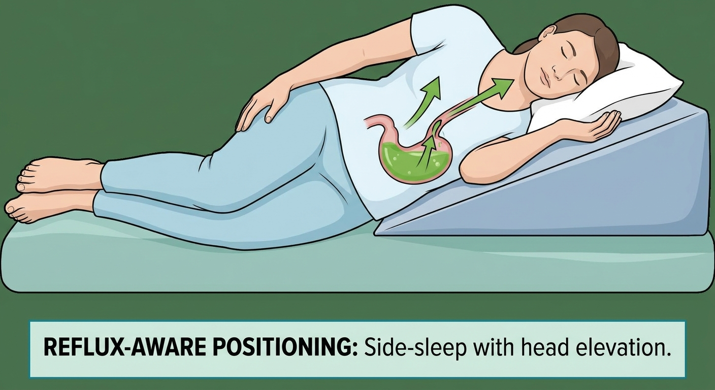 Reflux-aware positioning—side-sleep with head elevation and upward flow blocked
