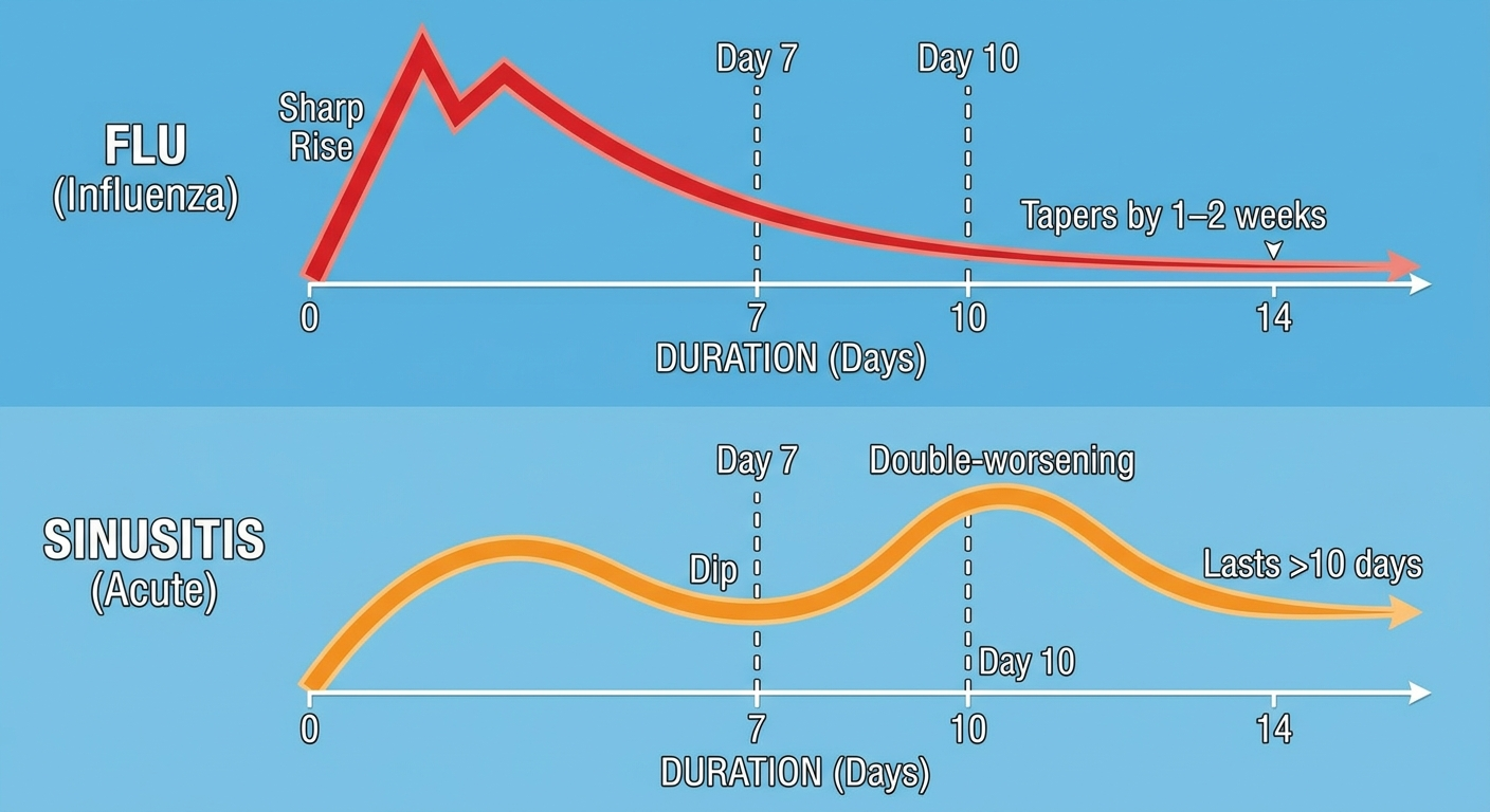 Timelines showing flu recovery by 1–2 weeks and sinusitis lasting beyond 10 days with double-worsening pattern
