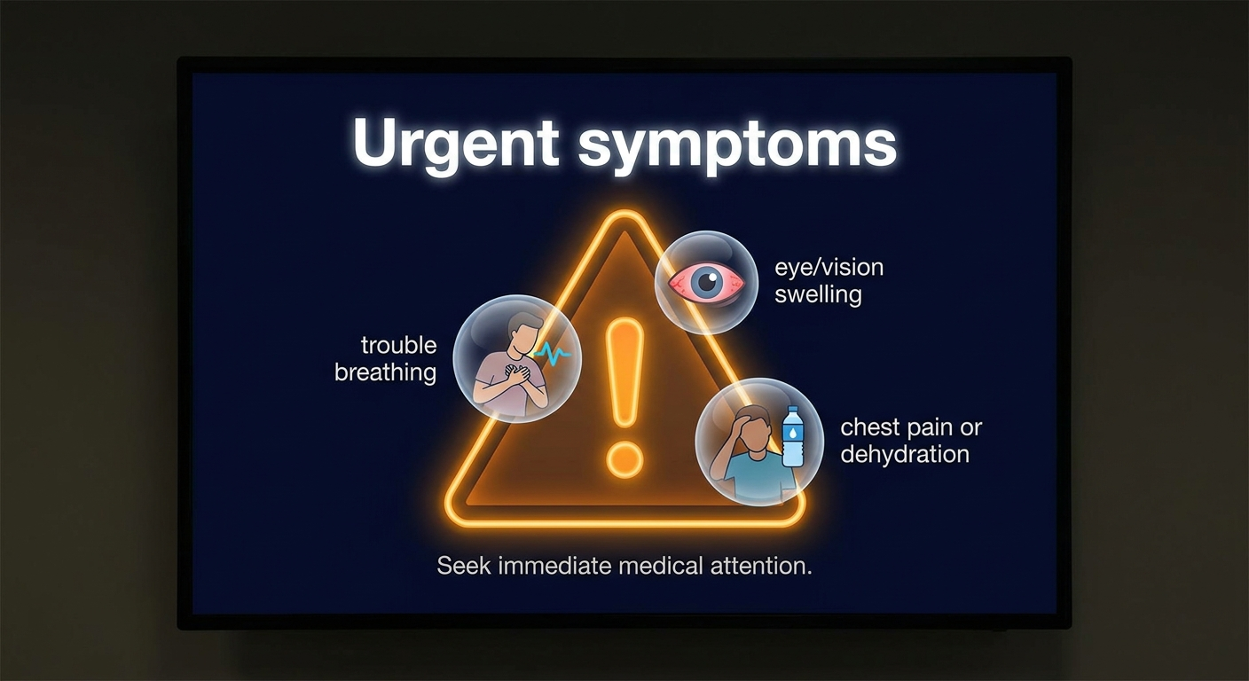 Urgent symptoms warning: trouble breathing, eye or vision swelling, chest pain or dehydration