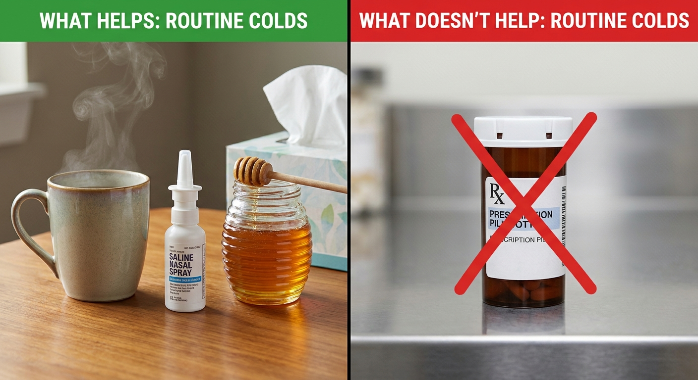 What helps vs what doesn’t: comfort items on left, crossed-out prescription bottle on right