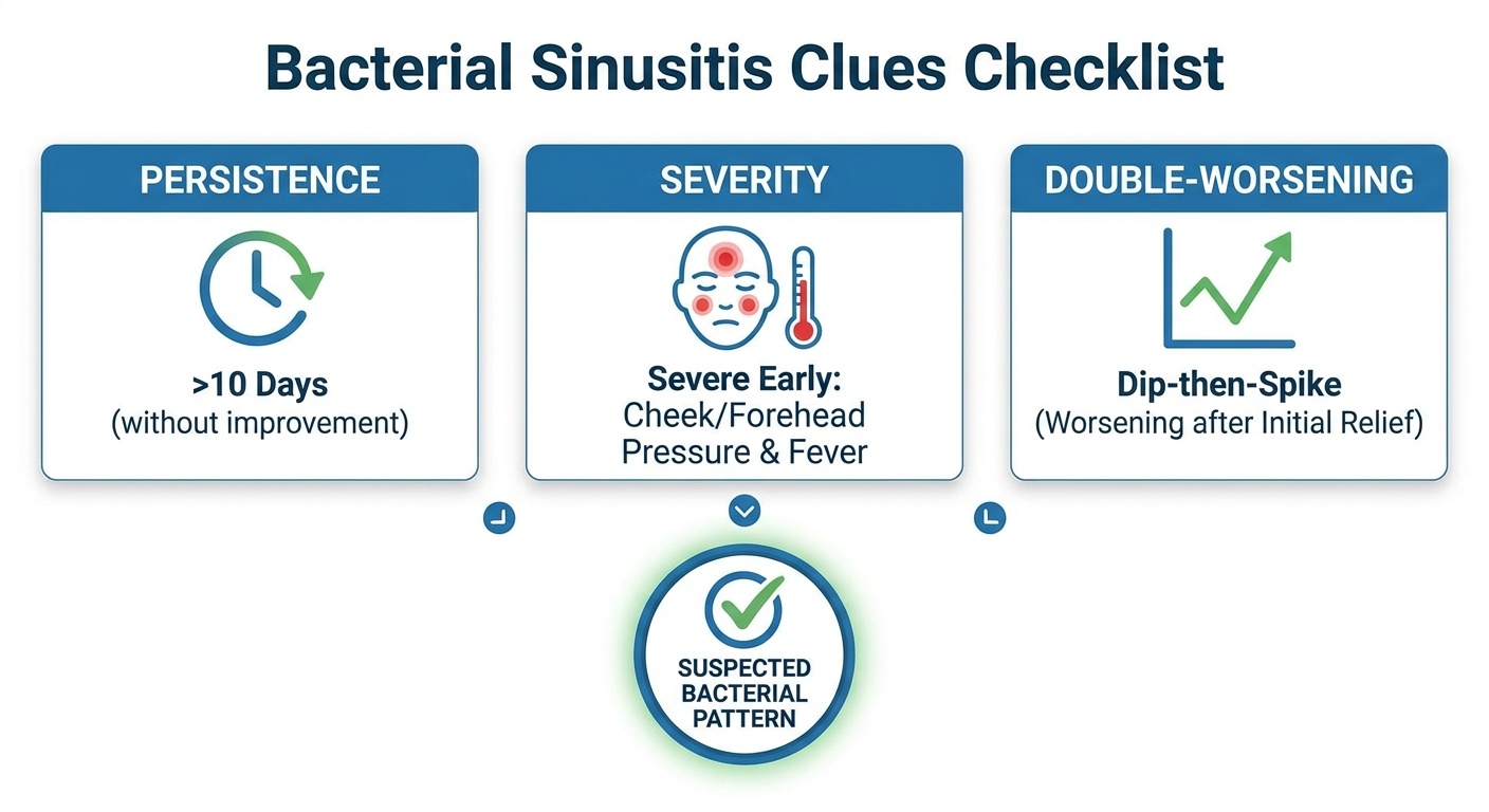 Checklist of bacterial sinusitis clues including >10 days, severe early symptoms with fever, and double-worsening