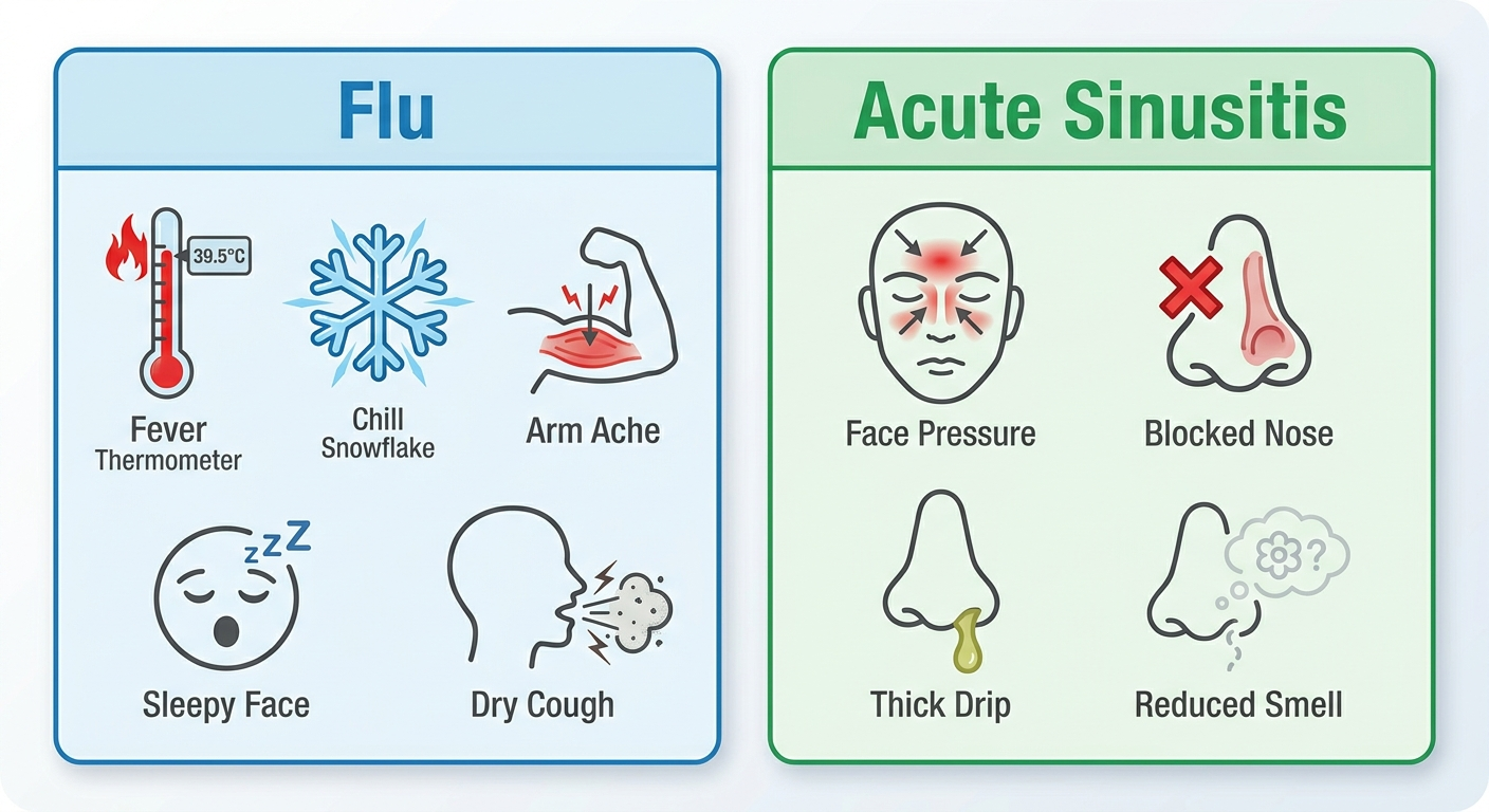 Side-by-side symptom icons comparing Flu and Acute Sinusitis