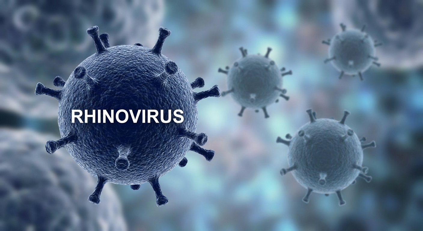 Rhinovirus is the most common cause: large navy virus orb with smaller orbs in background