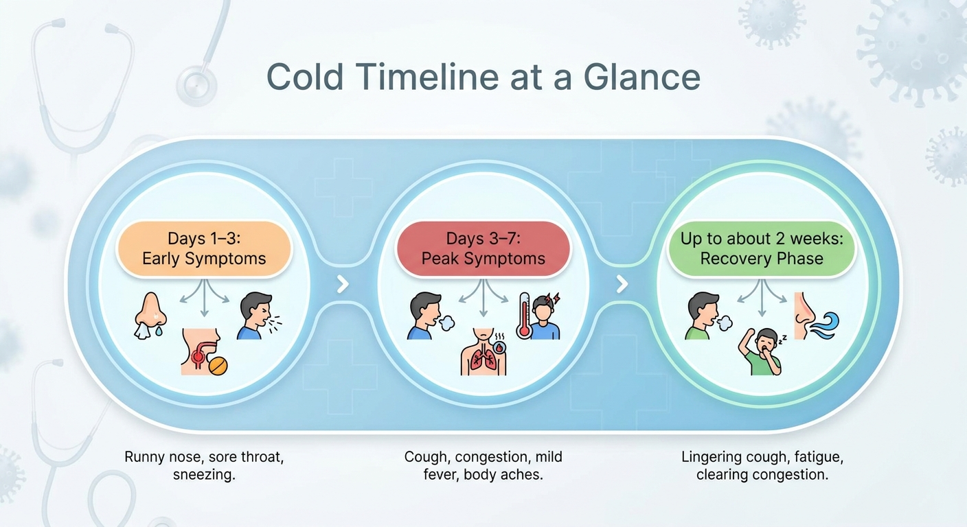 Cold timeline: days 1–3, days 3–7, and up to about 2 weeks