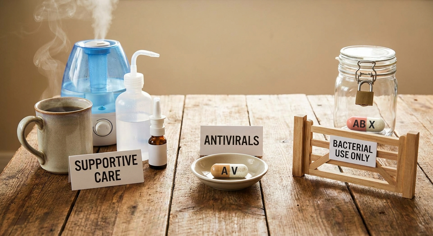 Treatment comparison: supportive care, antivirals for flu, and antibiotics reserved for bacterial sinusitis
