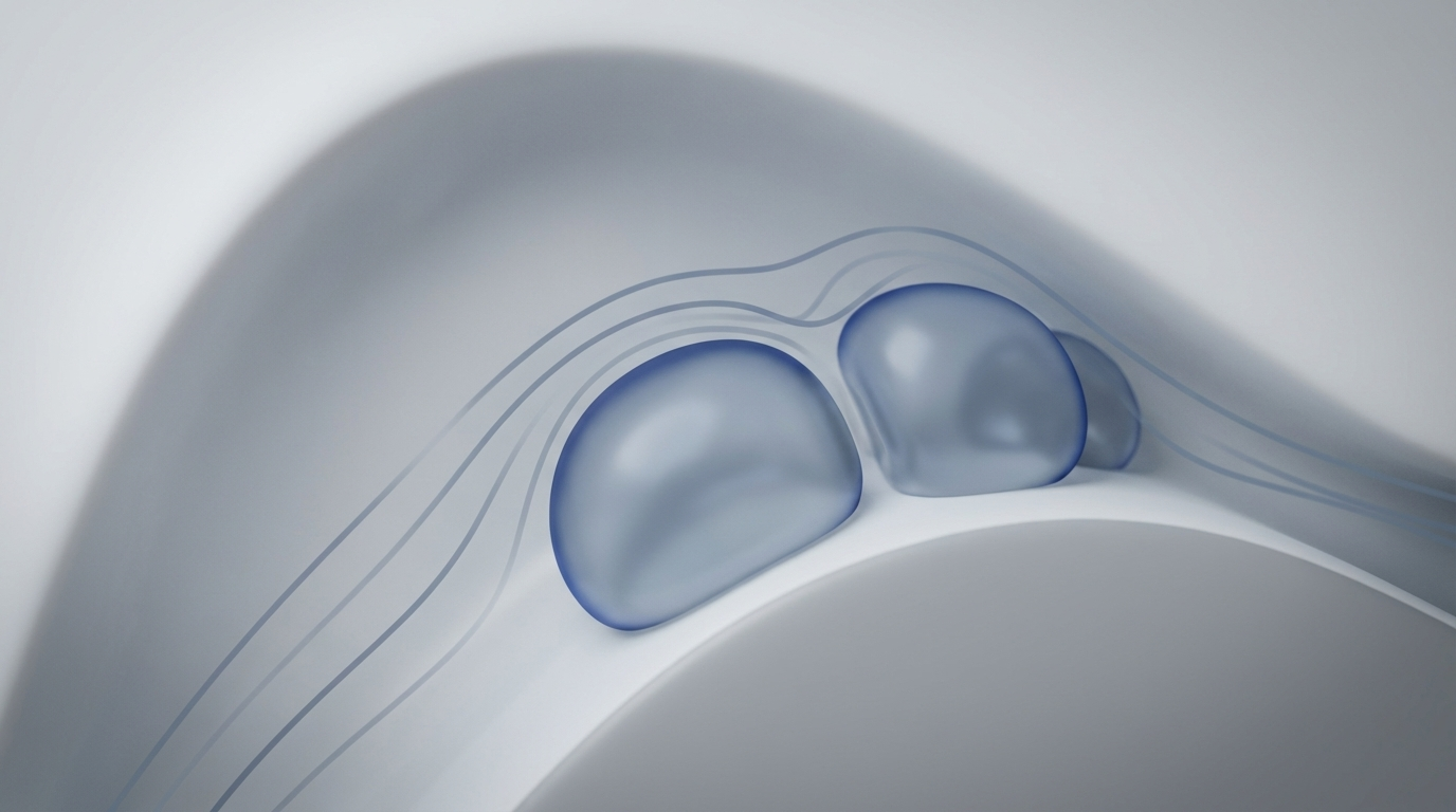 Close-up of nasal lining with rounded polyps and faint airflow lines implying blockage
