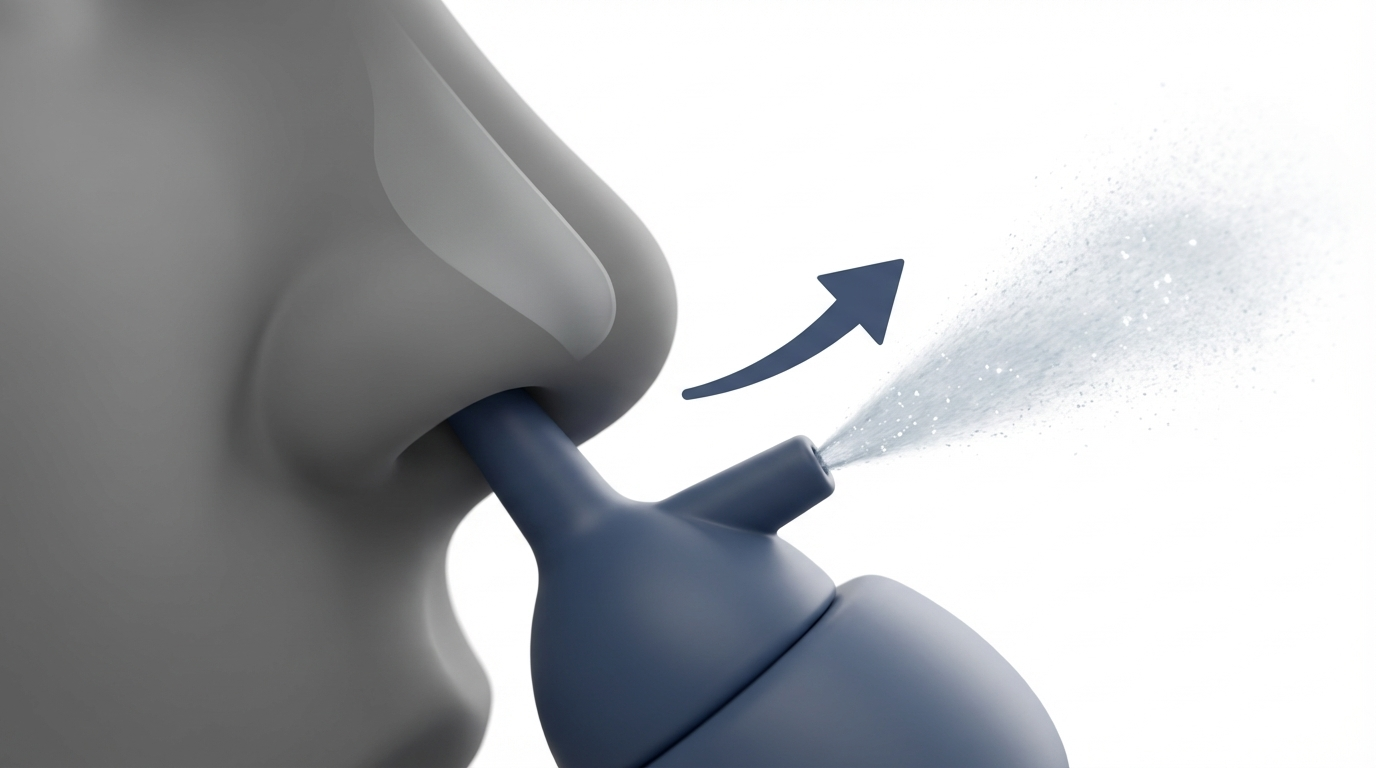 Nasal spray nozzle aimed away from the septum with fine mist plume