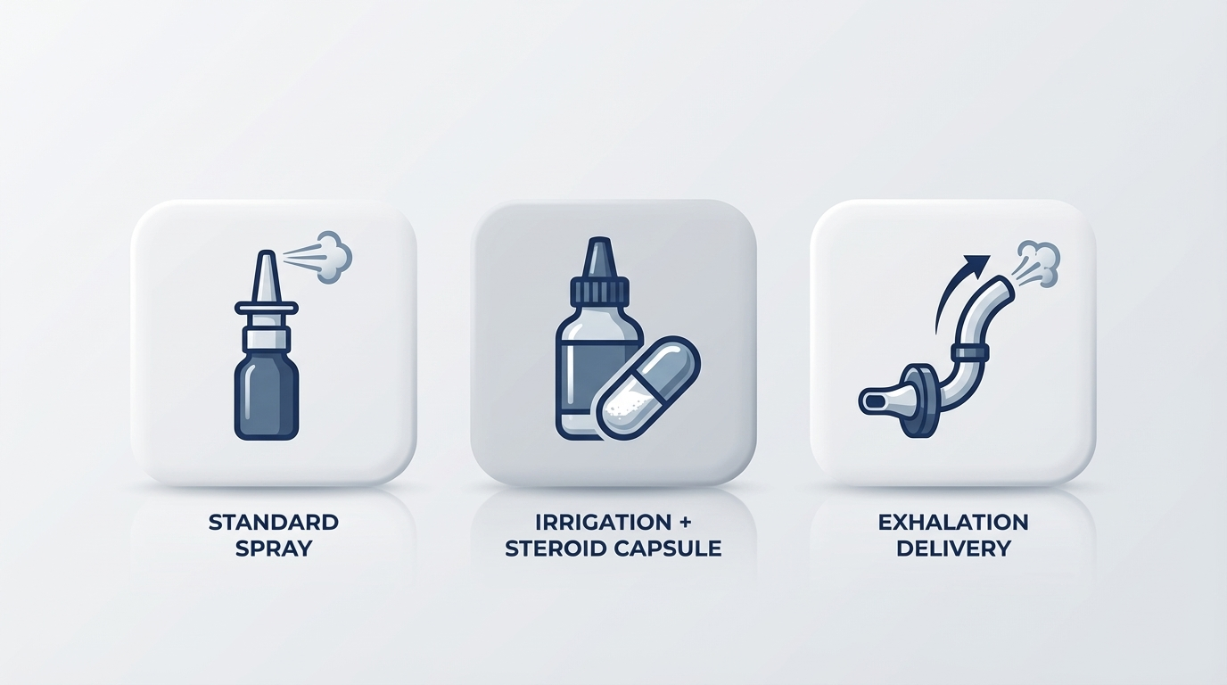Overview tiles showing spray, irrigation with steroid, and exhalation delivery device