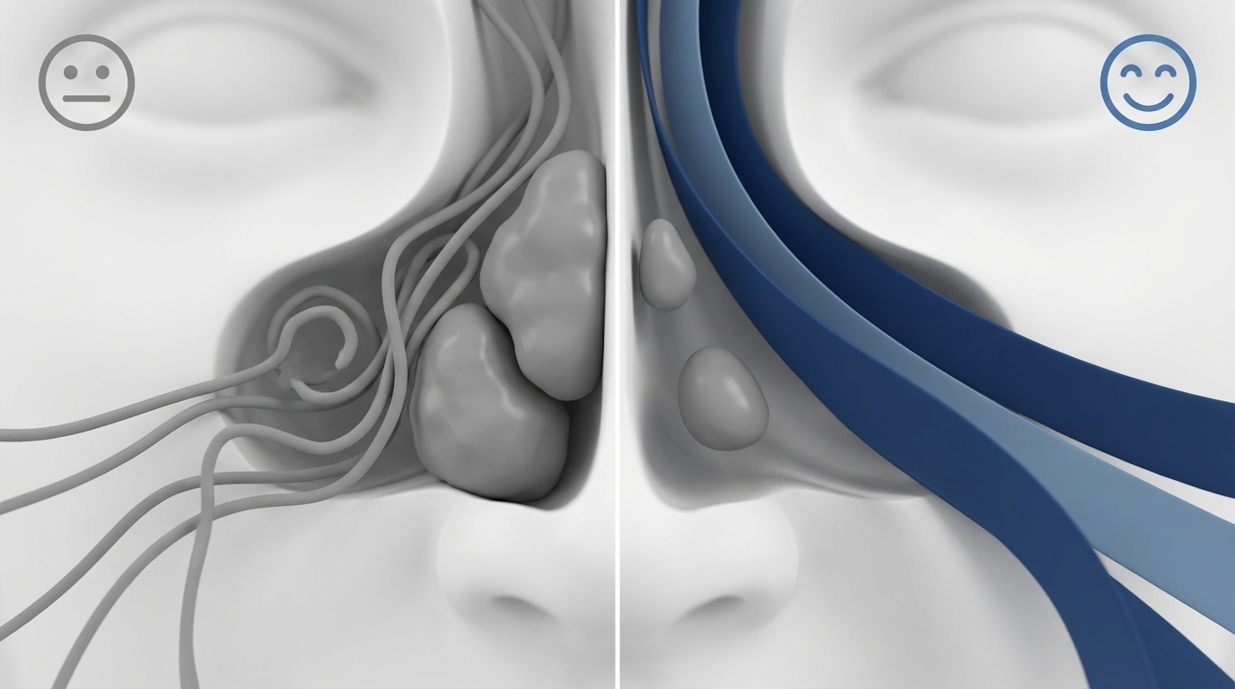 Split frame showing blocked vs improved airflow with smaller polyps after treatment