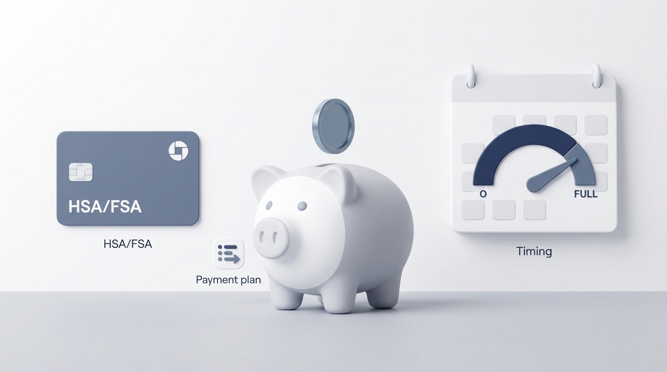 Payment options: HSA/FSA card, piggy bank, and calendar timing