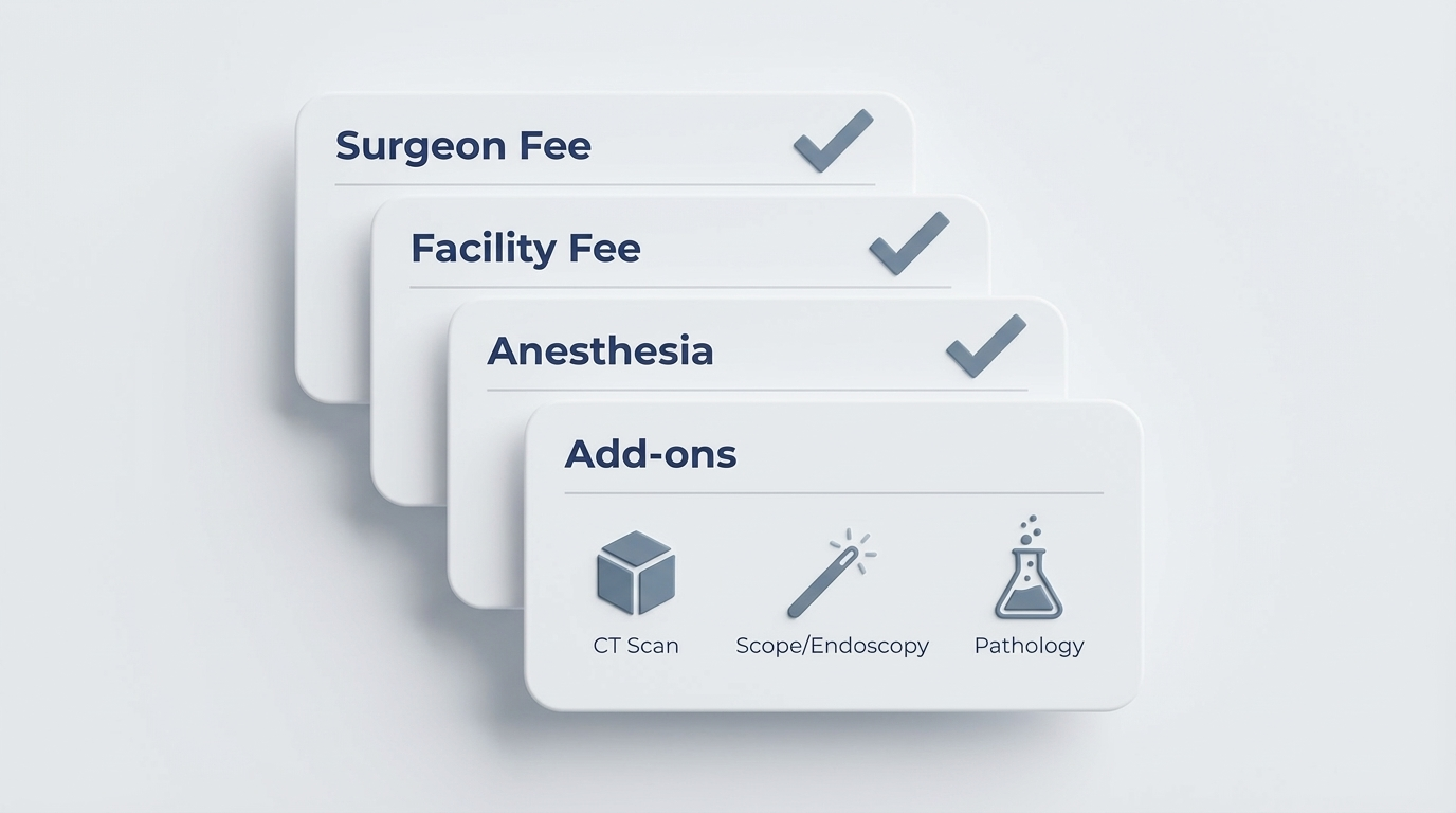 Estimate line items: Surgeon, Facility, Anesthesia, and Add-ons cards