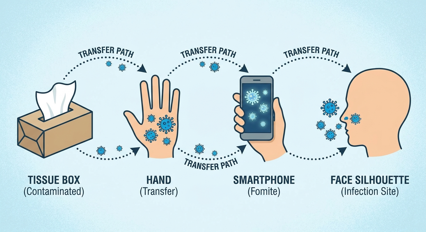 How colds spread: tissue box to hand to smartphone to face with dotted paths