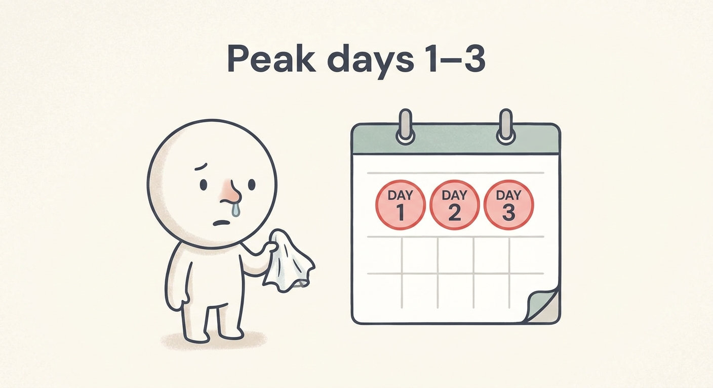 Peak contagious days 1–3: person with tissue beside calendar highlighting Days 1–3