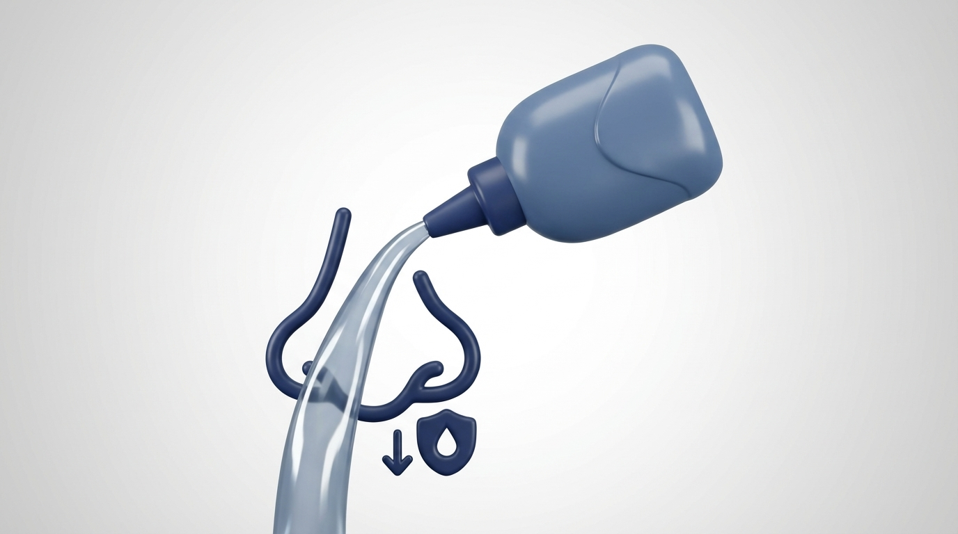 Saline rinse flowing through a simple nose icon with a safety shield