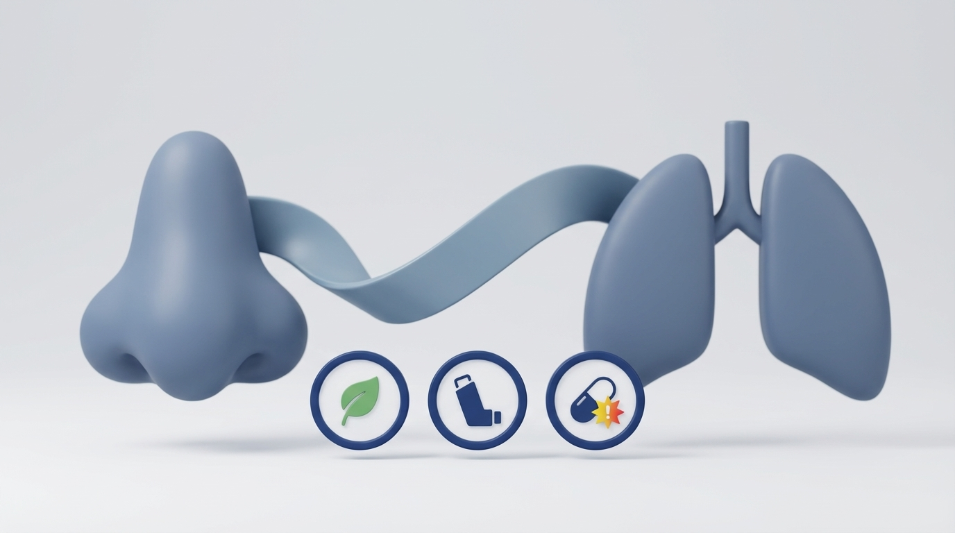 Nose connected to lungs with tokens for allergies, asthma, and AERD