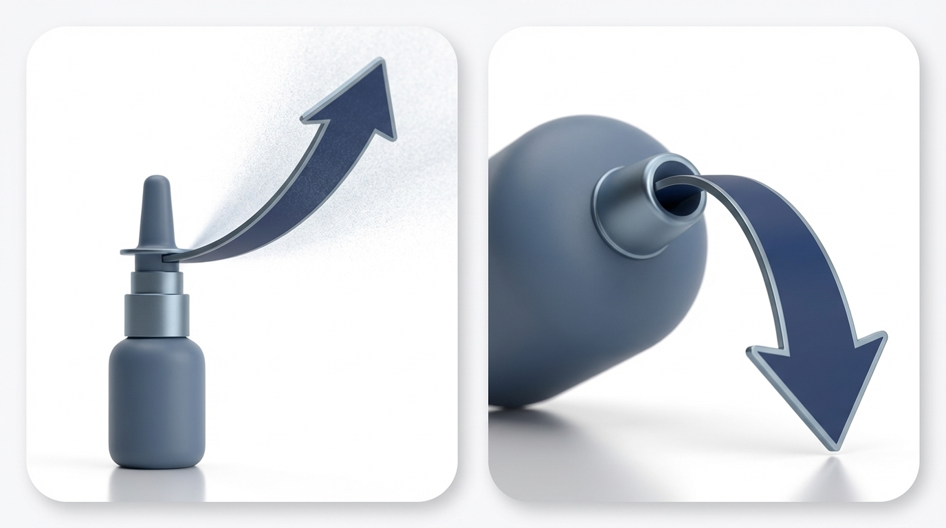 Side-by-side nasal spray vs high-volume rinse with directional flow arrows