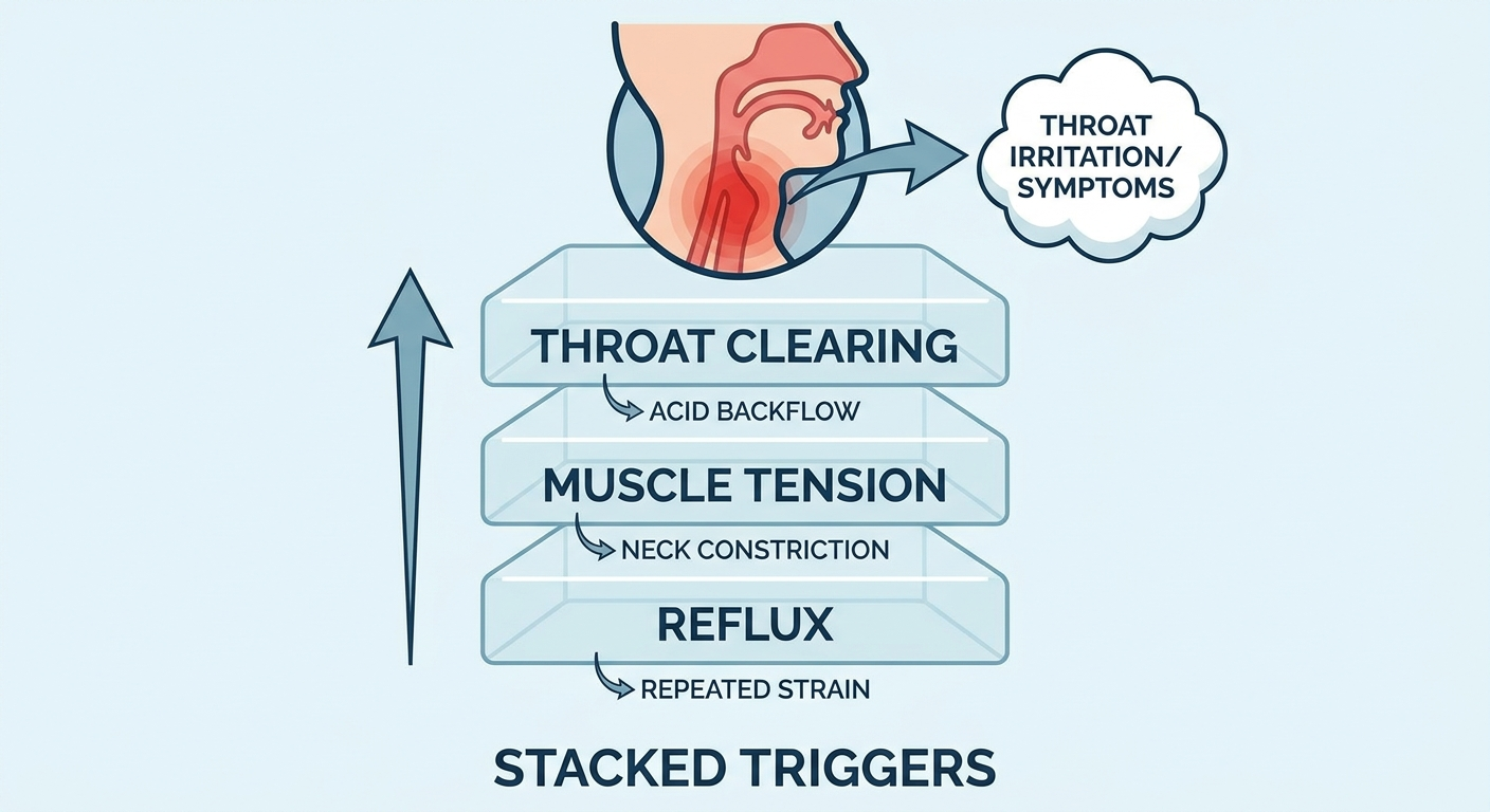 Stacked triggers illustration showing reflux, muscle tension, and throat clearing adding up