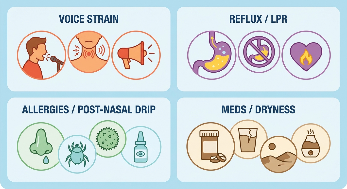 Common causes: voice strain, reflux/LPR, allergies/post-nasal drip, meds/dryness