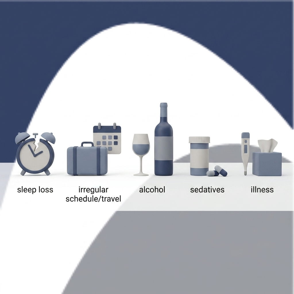 Common triggers: sleep loss, irregular schedule or travel, alcohol, sedatives, illness