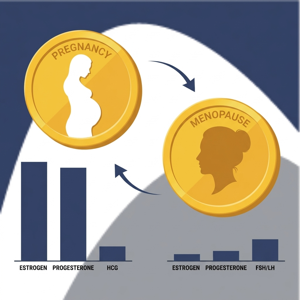 Hormonal shifts illustration: pregnancy and menopause icons with a pregnant silhouette and a female profile showing reduced hormone levels.
