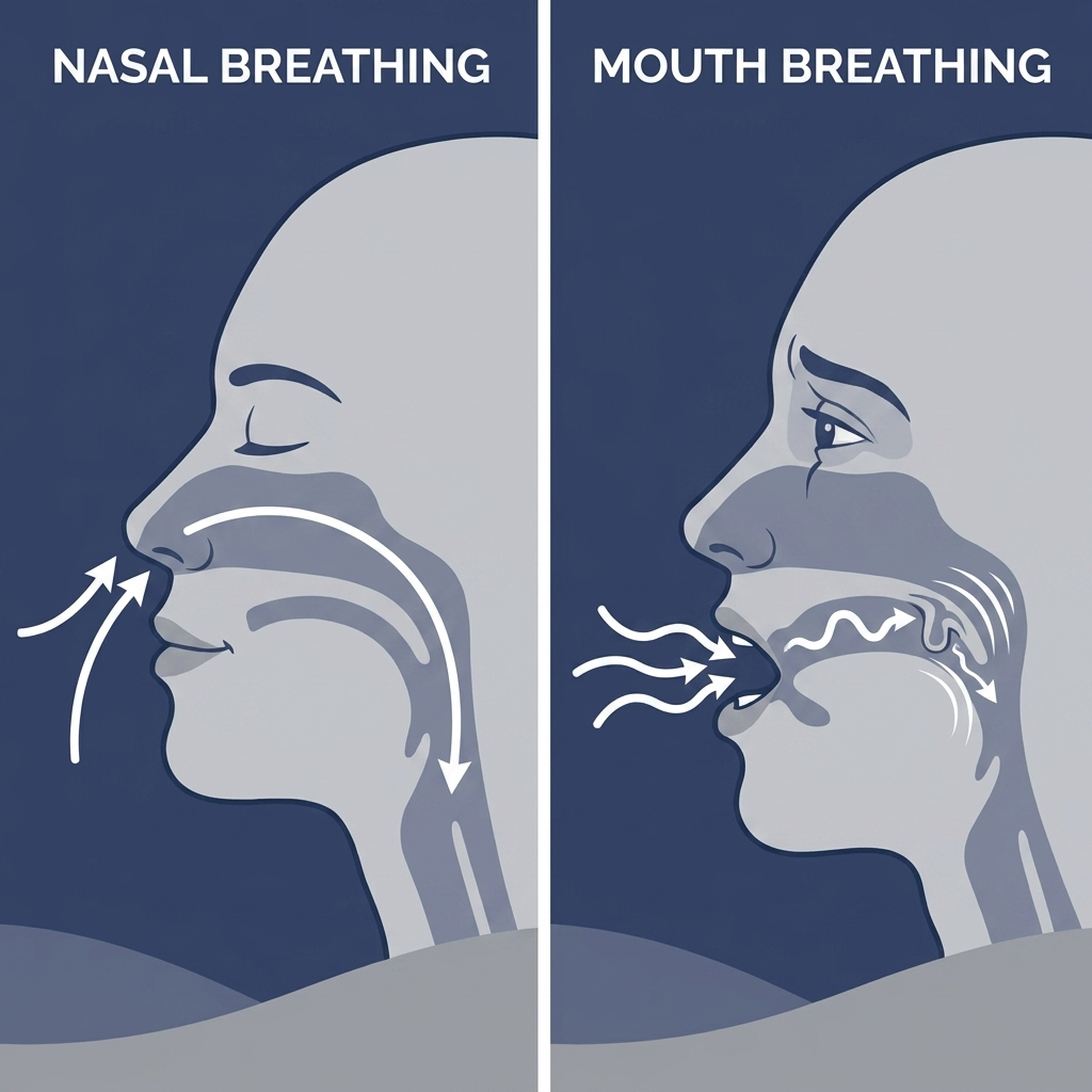 Nasal vs mouth breathing comparison: calm nasal airflow on the left and mouth airflow with snore vibration on the right.