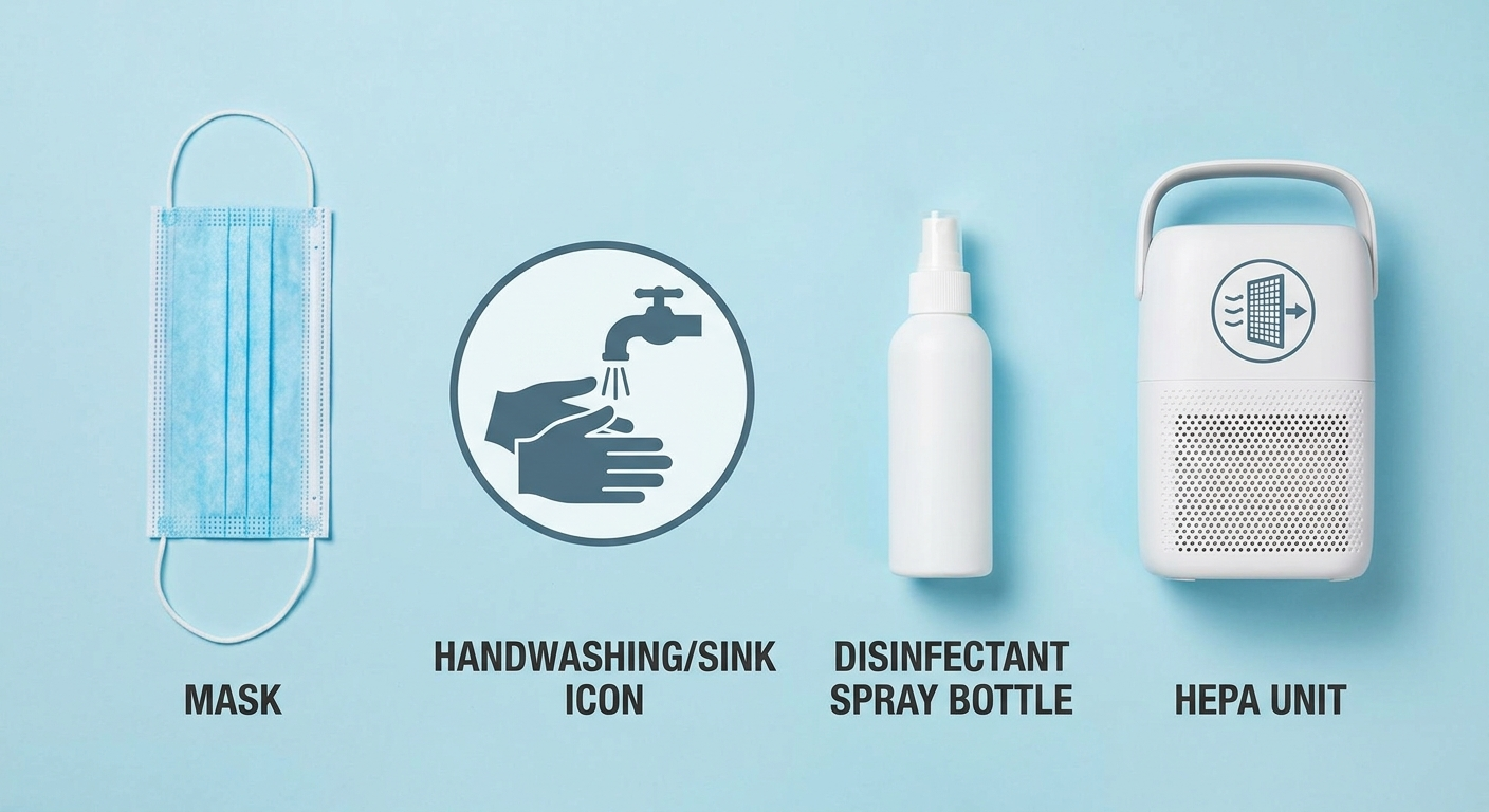 Hygiene and prevention toolkit: mask, handwashing, disinfectant spray, HEPA unit