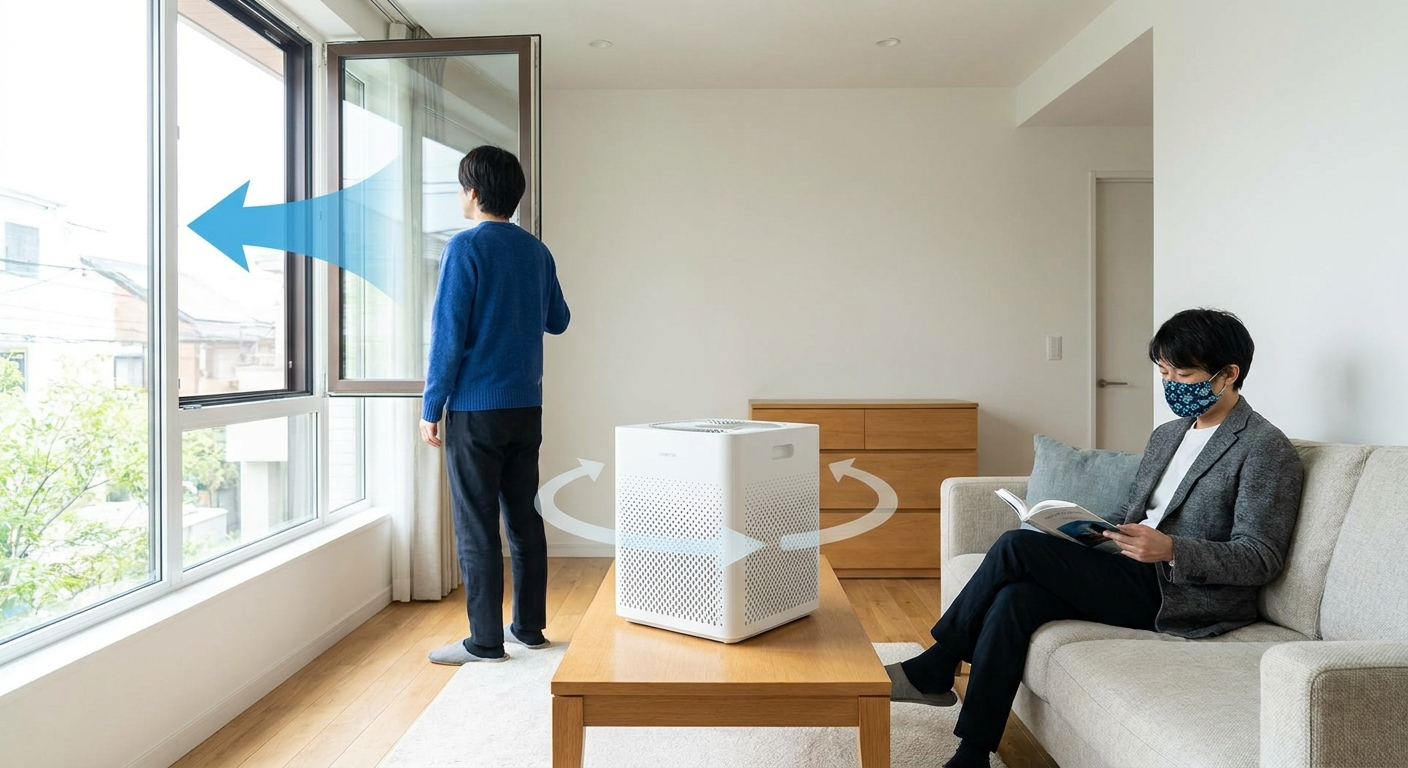 Indoors ventilation and masking: open window airflow, HEPA cube, one person masked