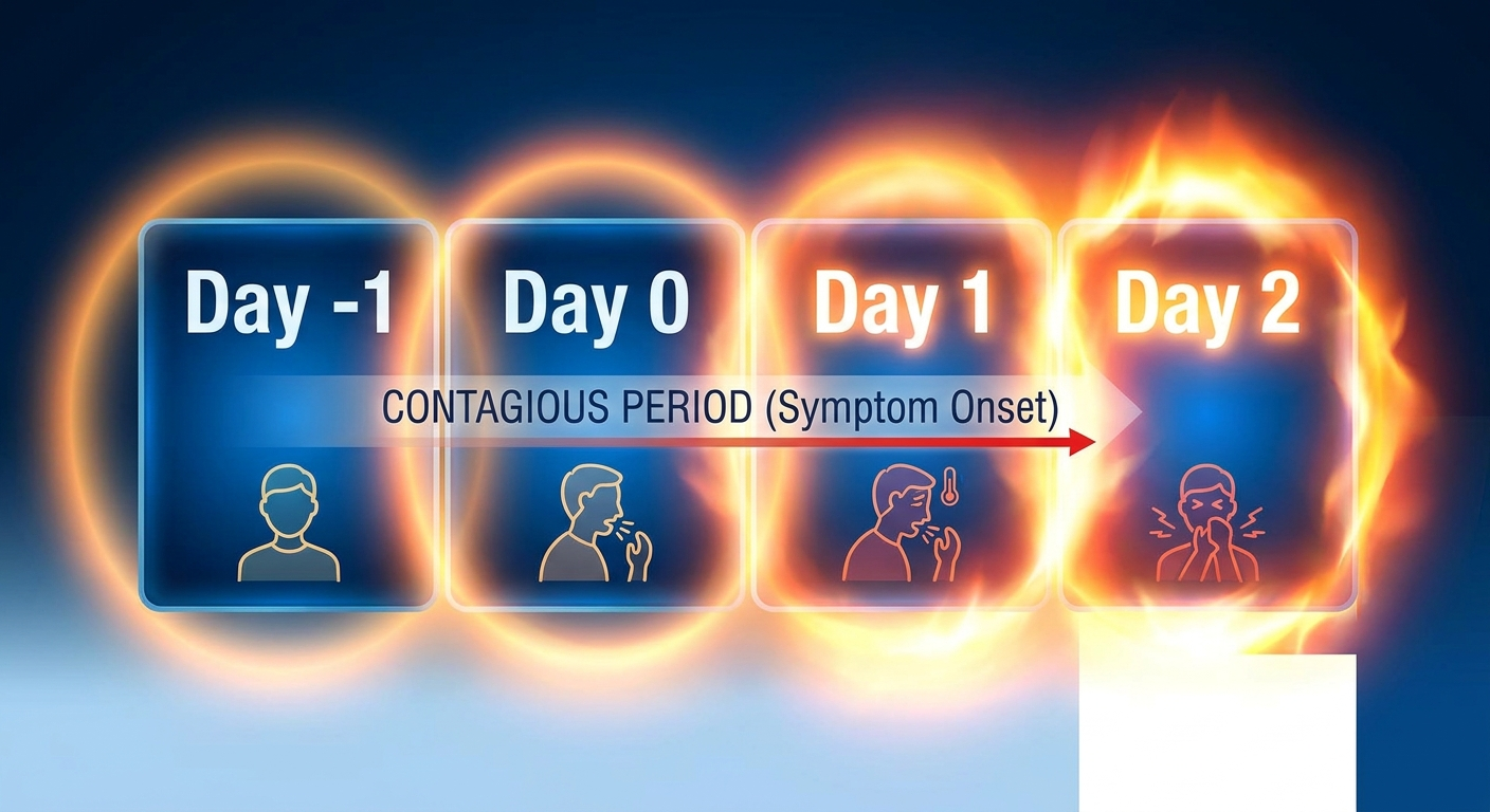 Contagious before symptoms: calendar Day -1 to Day 2 with glow starting before symptoms