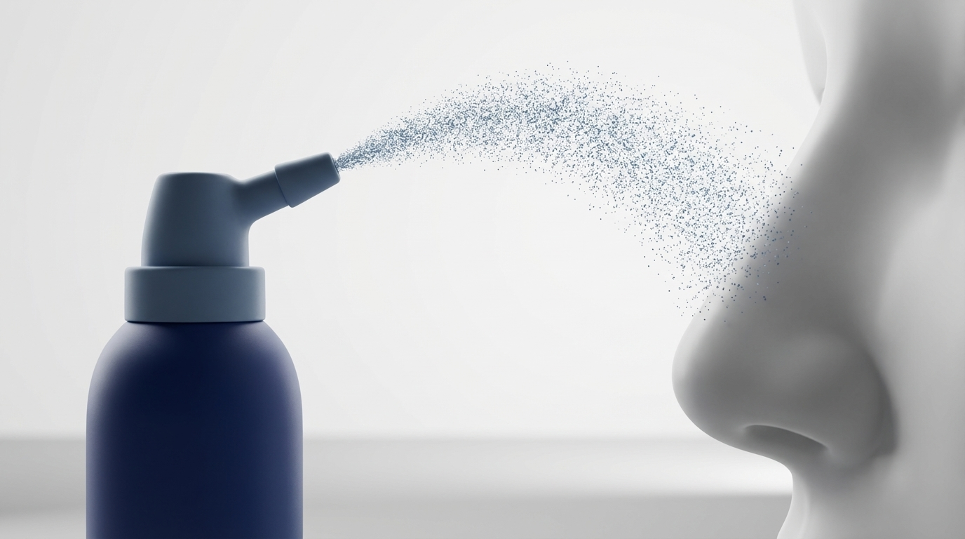 Intranasal steroid spray directing a fine mist into the nose
