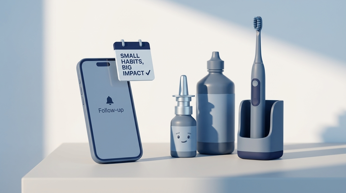 Nightstand with phone reminder, nasal spray, saline bottle, toothbrush, and calendar for adherence
