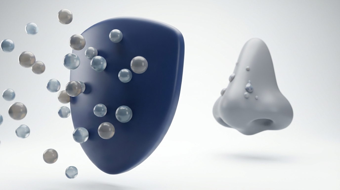 Shield deflecting inflammation toward a nose with shrinking polyps, symbolizing biologics