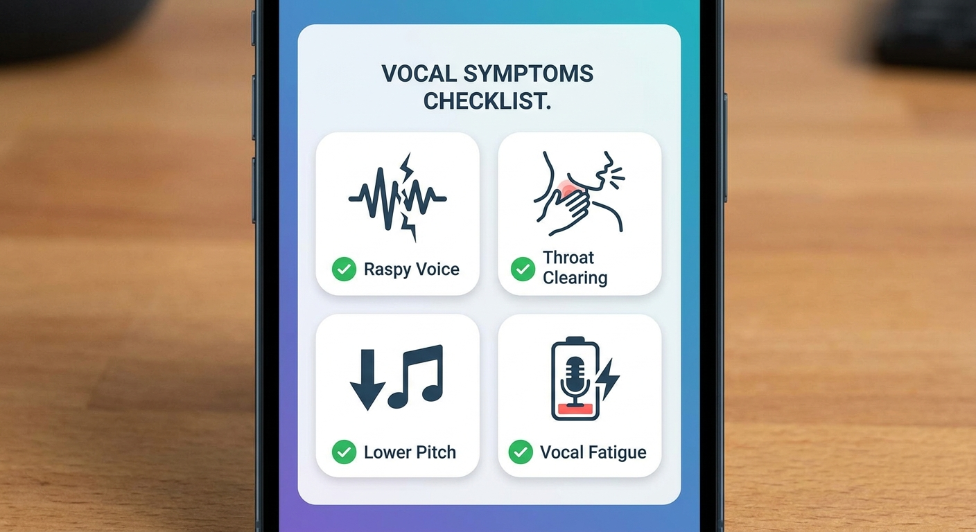 Symptoms checklist: raspy voice, throat clearing, lower pitch, vocal fatigue