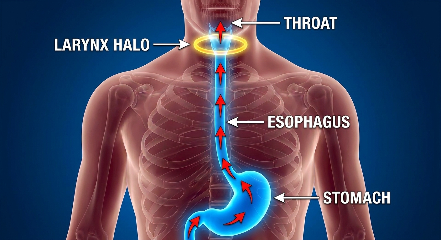 Silent reflux path rising from stomach to throat with larynx highlight