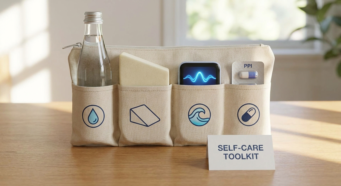 Self-care toolkit with water, wedge pillow, breathing wave, and PPI pill icons