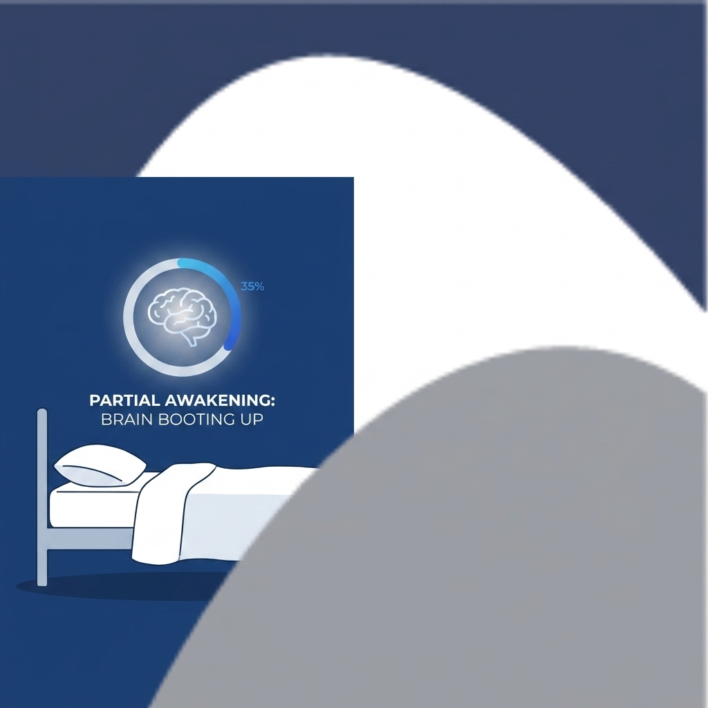 Partial awakening—brain booting up beside a bed with a progress ring