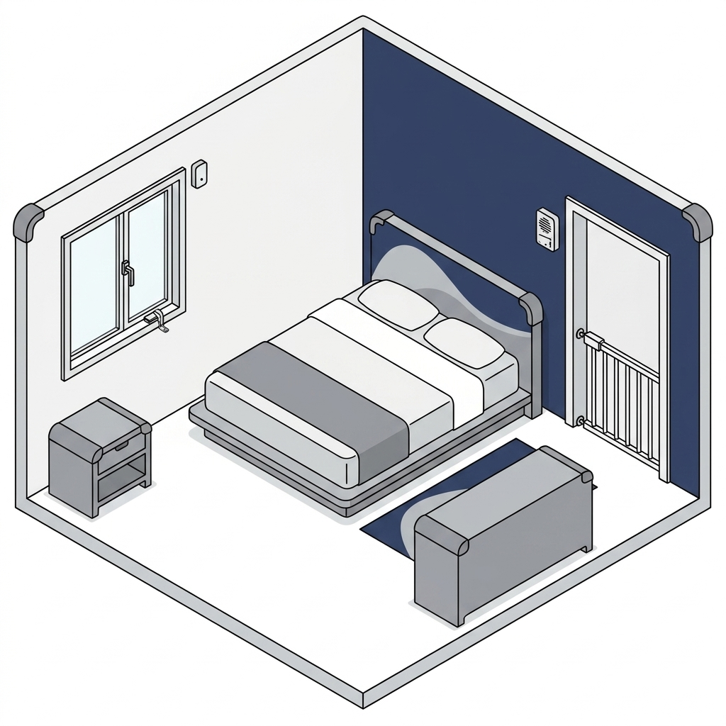 Simplified bedroom safety: low bed, padded corners, clear floor, window latch, door chime, baby gate
