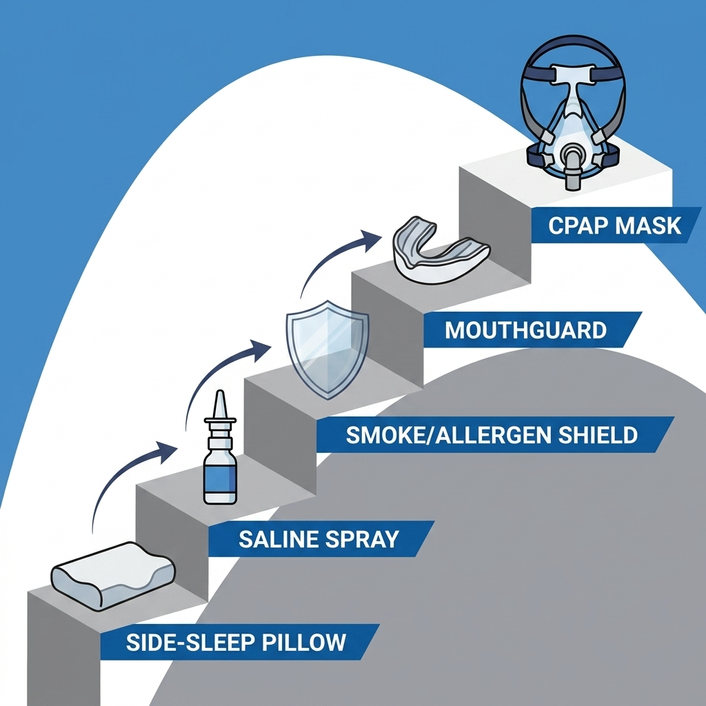 Stepwise solutions path: side-sleep pillow, saline spray, smoke/allergen shield, mouthguard, and CPAP mask arranged on ascending steps.