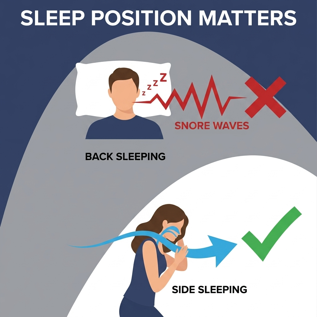 Sleep position matters: back-sleeping with snore waves versus side-sleeping with smooth airflow and a check mark.