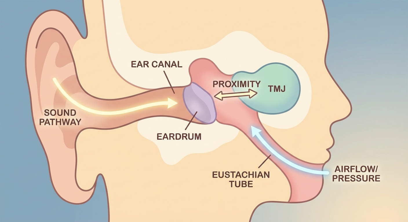 Simple ear and jaw anatomy cutaway showing ear canal, eardrum, TMJ, and Eustachian tube with pathway arrows.