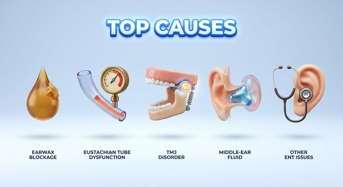 Overview of top causes: earwax, Eustachian tube pressure, TMJ hinge, middle-ear fluid, and other ENT issues.