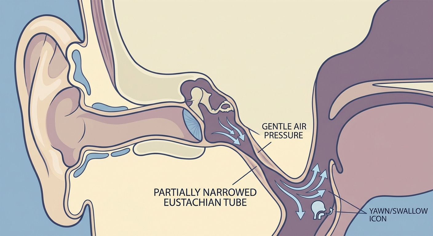Eustachian tube dysfunction with narrowed tube and gentle pressure arrows; yawning and swallowing cues near the throat end.
