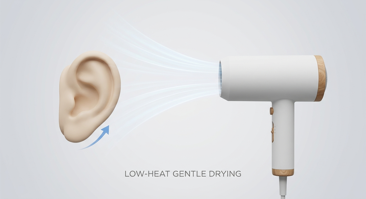 Low-heat hair dryer technique near ear