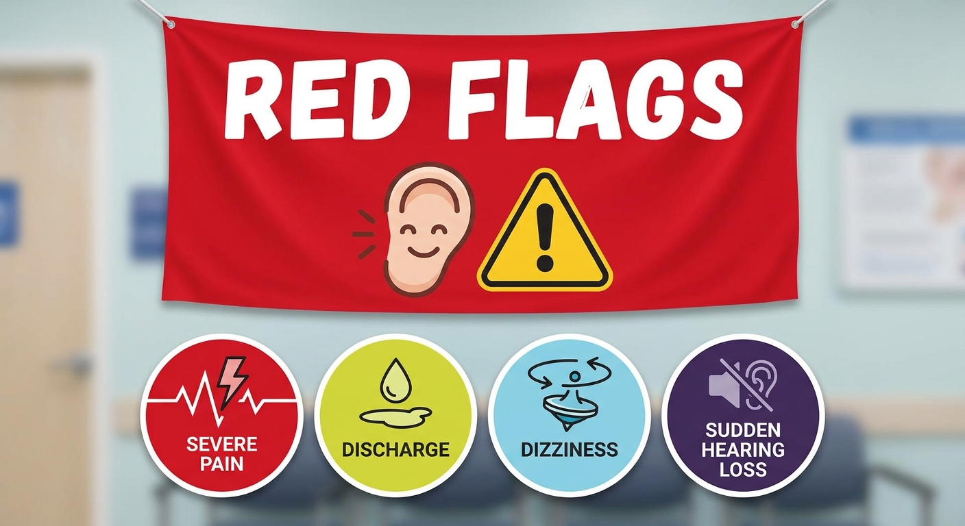 Red flags for ear symptoms: severe pain, discharge, dizziness, sudden hearing loss.