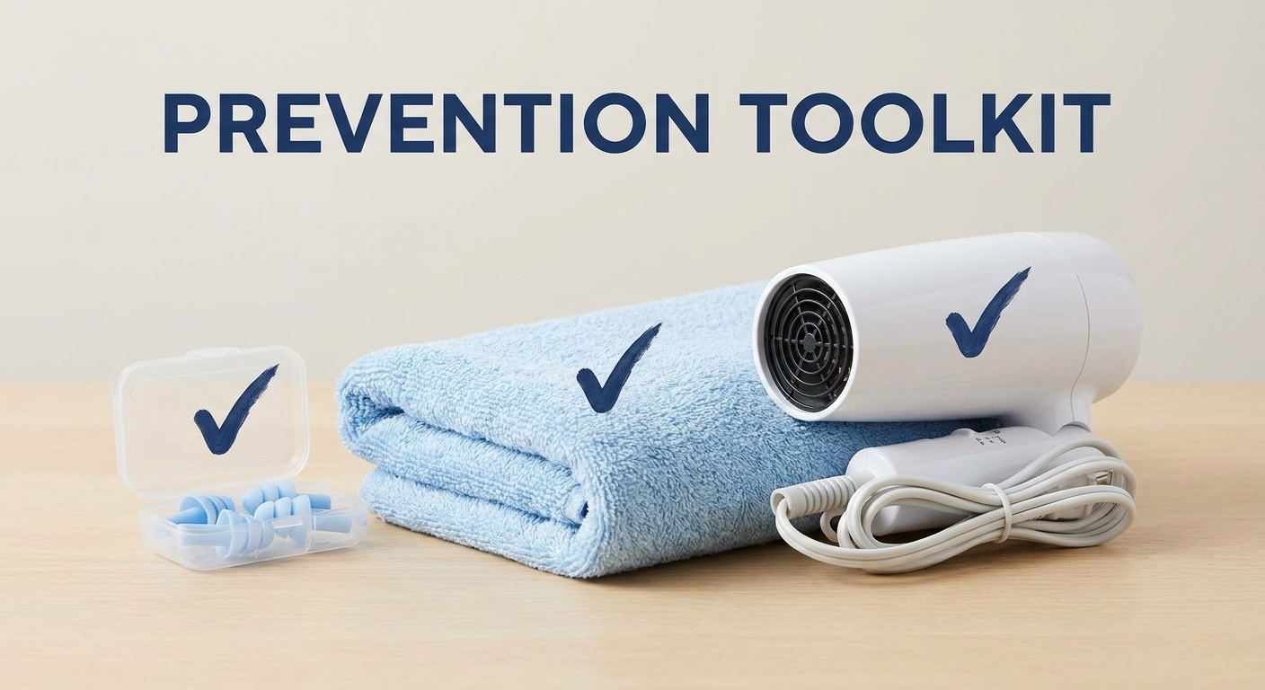 Prevention toolkit: swim earplugs, towel, compact hair dryer