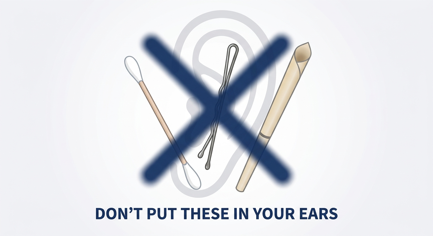 What not to do: swab, bobby pin, ear candle crossed out