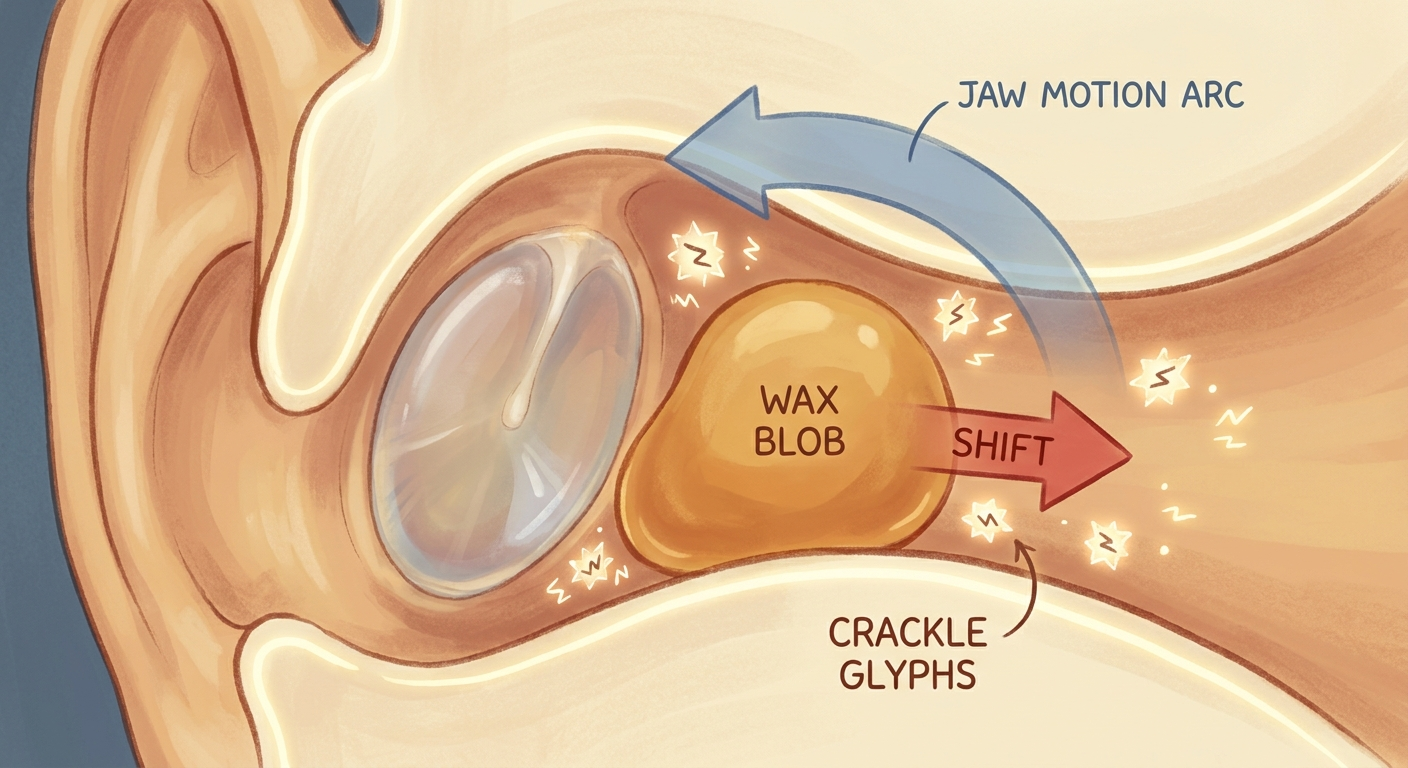Earwax shifting near the eardrum with jaw motion arc and subtle crackle cues.