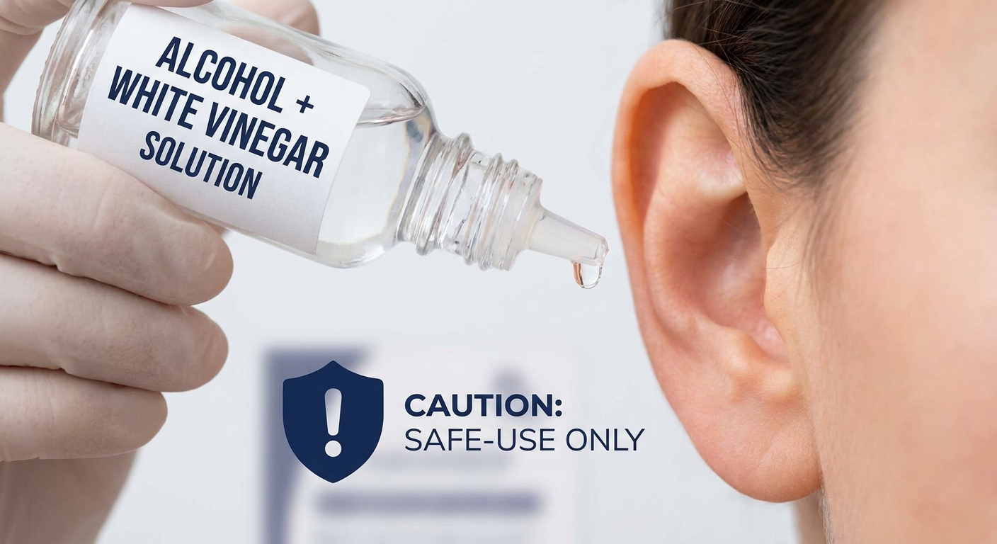 Alcohol and vinegar ear drops with safety icon