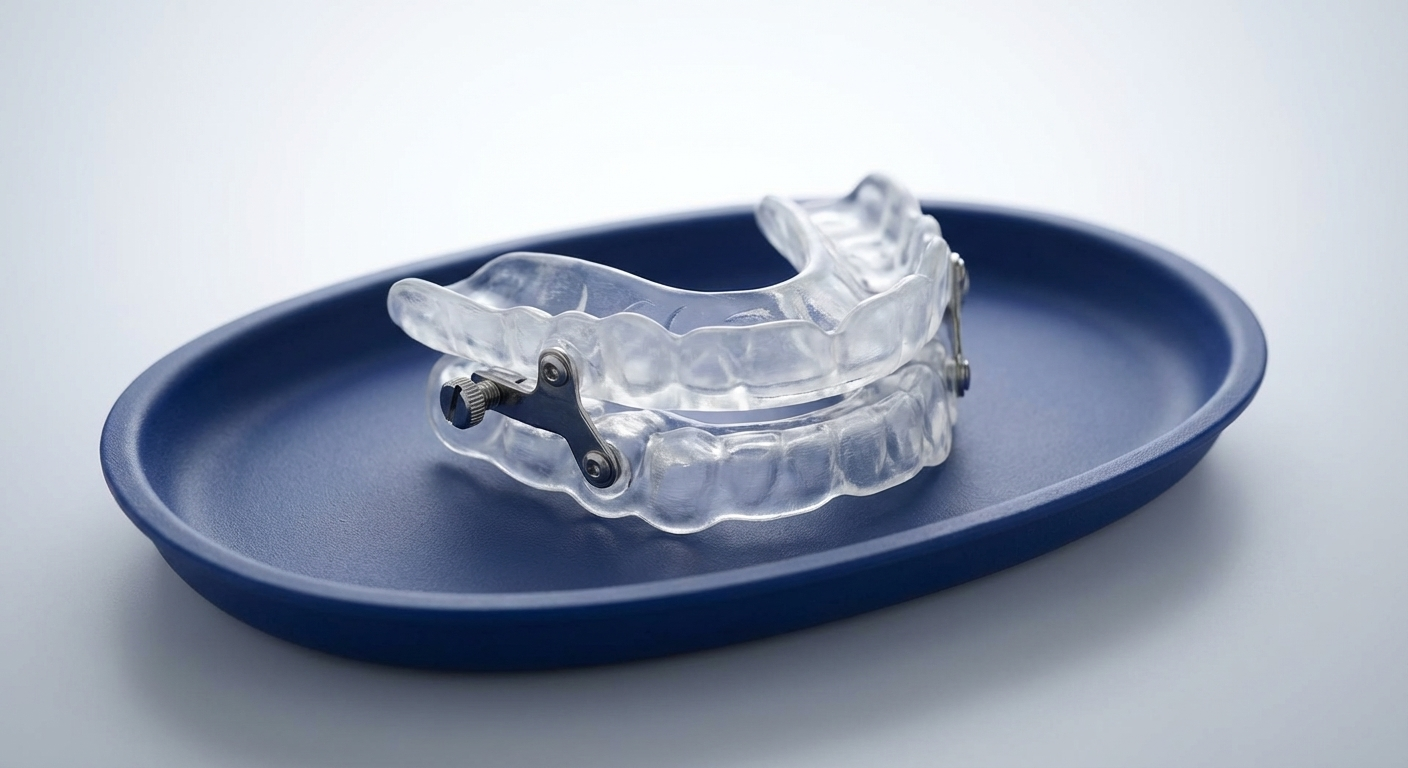 Oral appliance mouthguard on a navy tray, clinical studio style