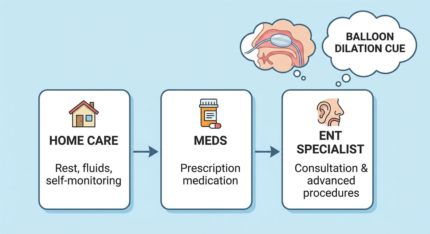 Treatment path: home care to medications to ENT, with a balloon dilation cue