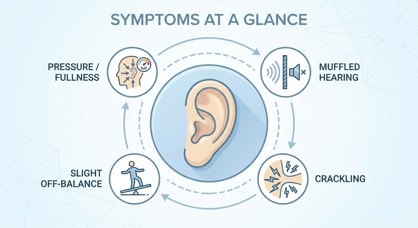 Symptoms at a glance around an ear: pressure/fullness, muffled hearing, crackling, slight off-balance